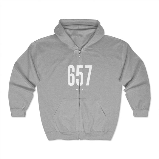 657 White Logo Front Zip Hoodie