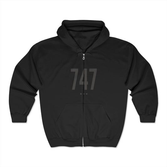 747 Black Logo Front Zip Hoodie